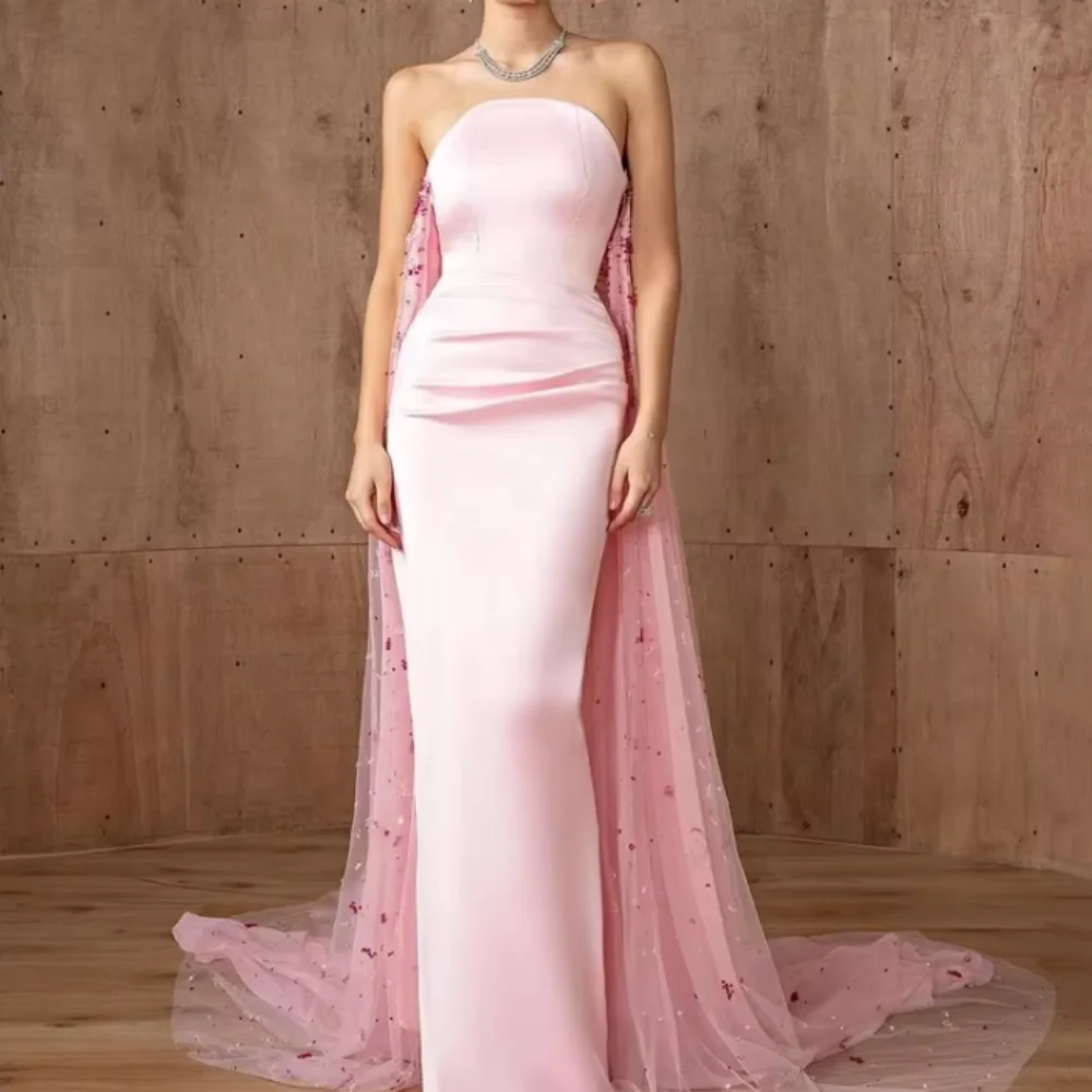

Strapless Customized Prom Dresses Sequined Sheath Party Gowns Backless Pink Detachable Train Evening Dress Vestido De Novia
