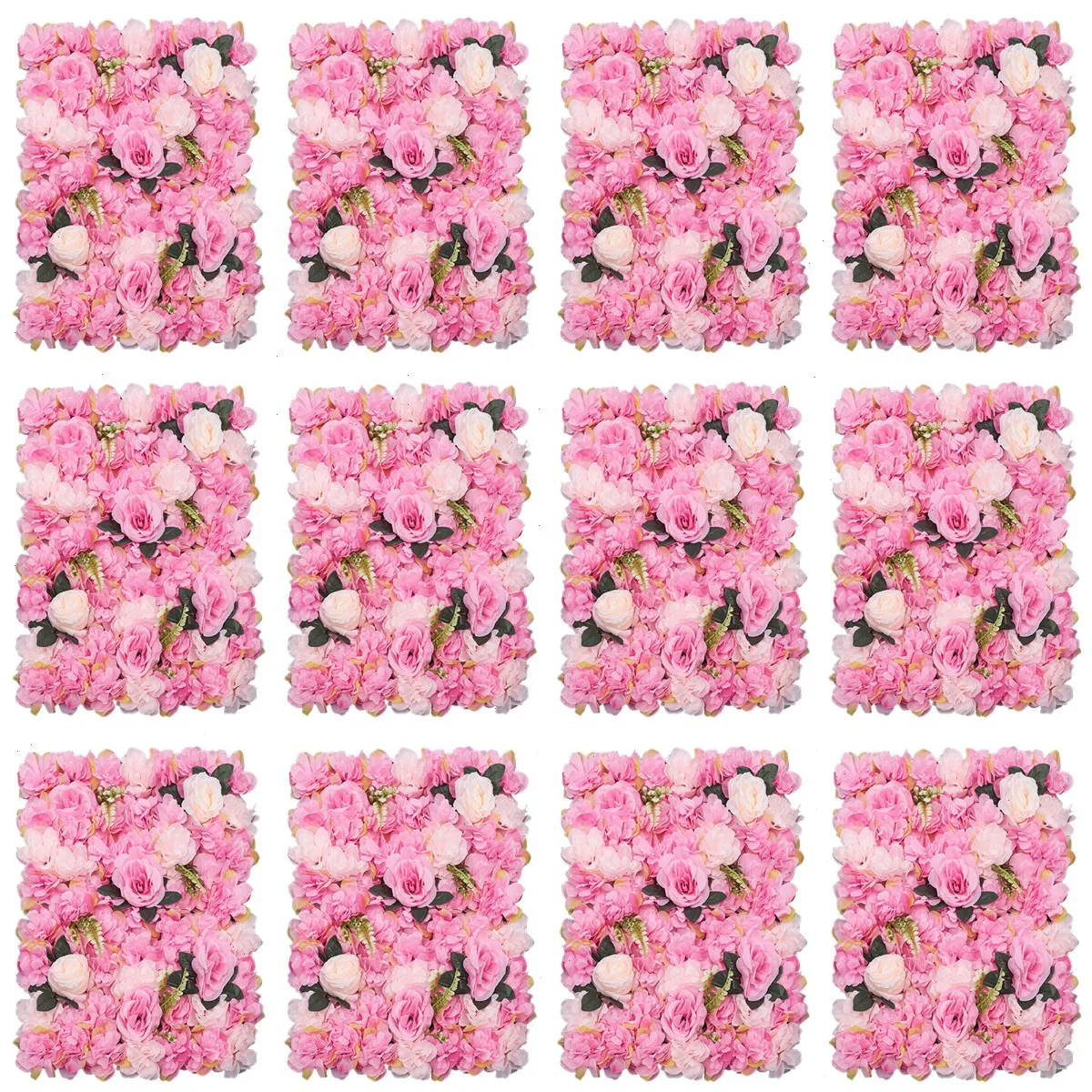 12 Pack Fake Plant Wall Set, Artificial Flower, Flower Wall Panel,  Deep Pink Dahlia Rose Mixed Greenery, 3D Realistic Silk, Non-Fading, Durable Decor, Party Backdrop, Home Wedding Event, Indoor Outdoor Floral Arrangement