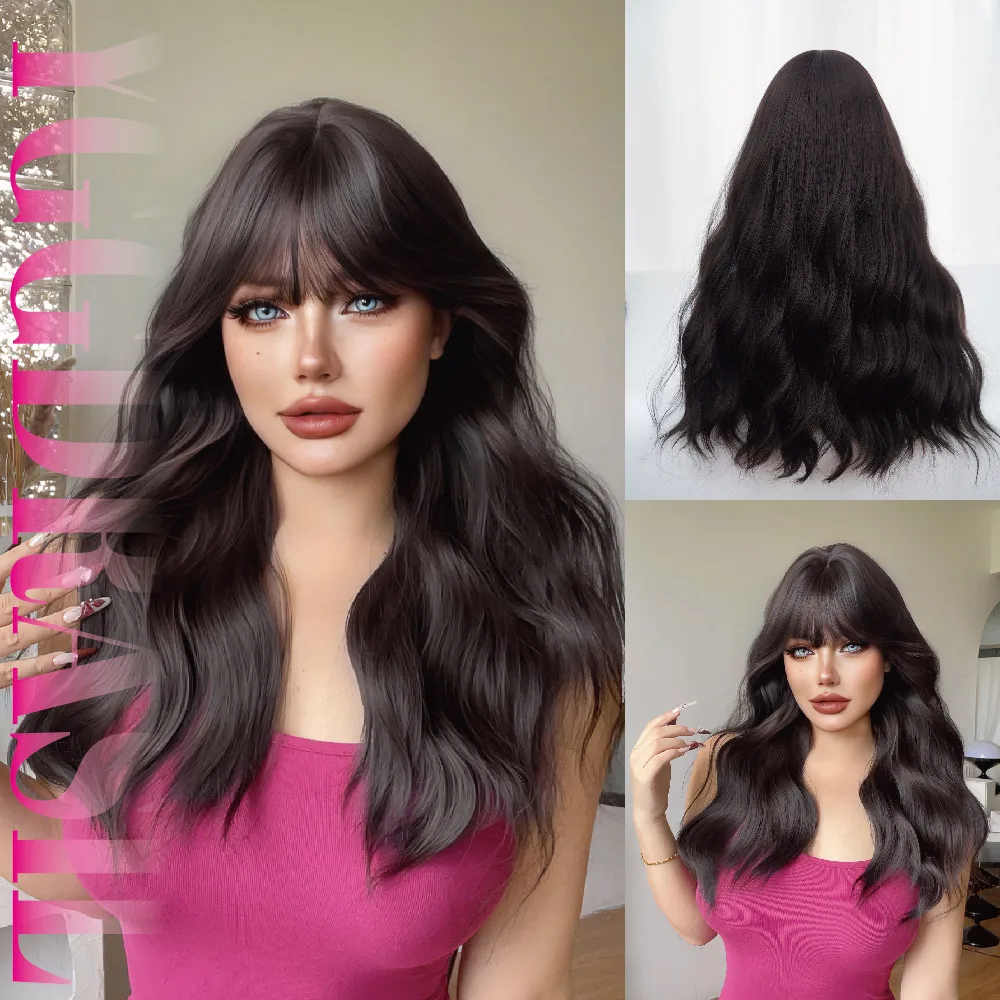 

24Inch Black Brown Modern Style Synthetic Wigs with Bangs Medium Natural Wavy Hair Wig For Women Daily Use Party Heat Resistant