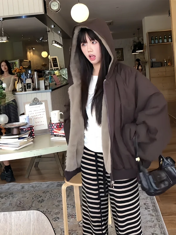 American Sle Double-Sided Wearable Cotton Jaet Quilted Thiened Warm Fur Collar Hooded Coat for Men And Women Couples