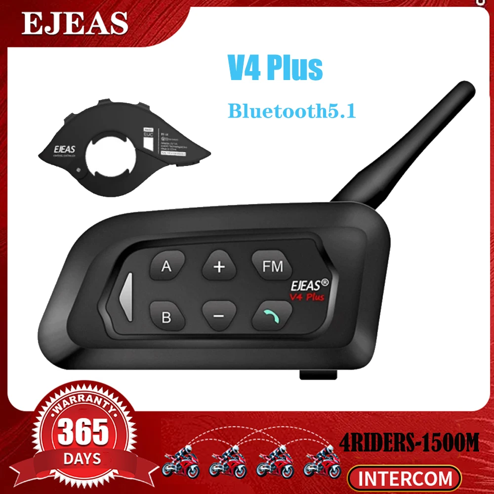 

EJEAS V4 Plus Motorcycle Intercom Helmet Bluetooth Headset 1500M Full-duplex Helmet Comunicator For 4 Riders Group Talking IP65