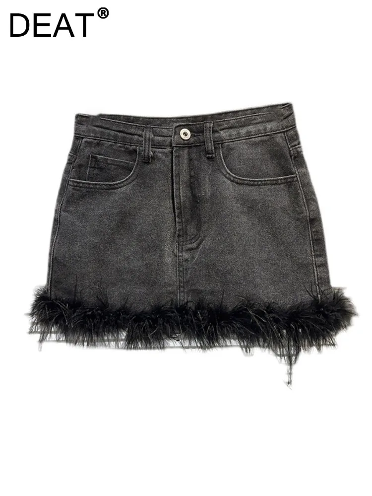 

DEAT Women's Denim Skirt High Waist A-line Wrap Hip Spliced Feathers Washed Short Mini Skirts 2024 Summer New Fashion 11XX3275