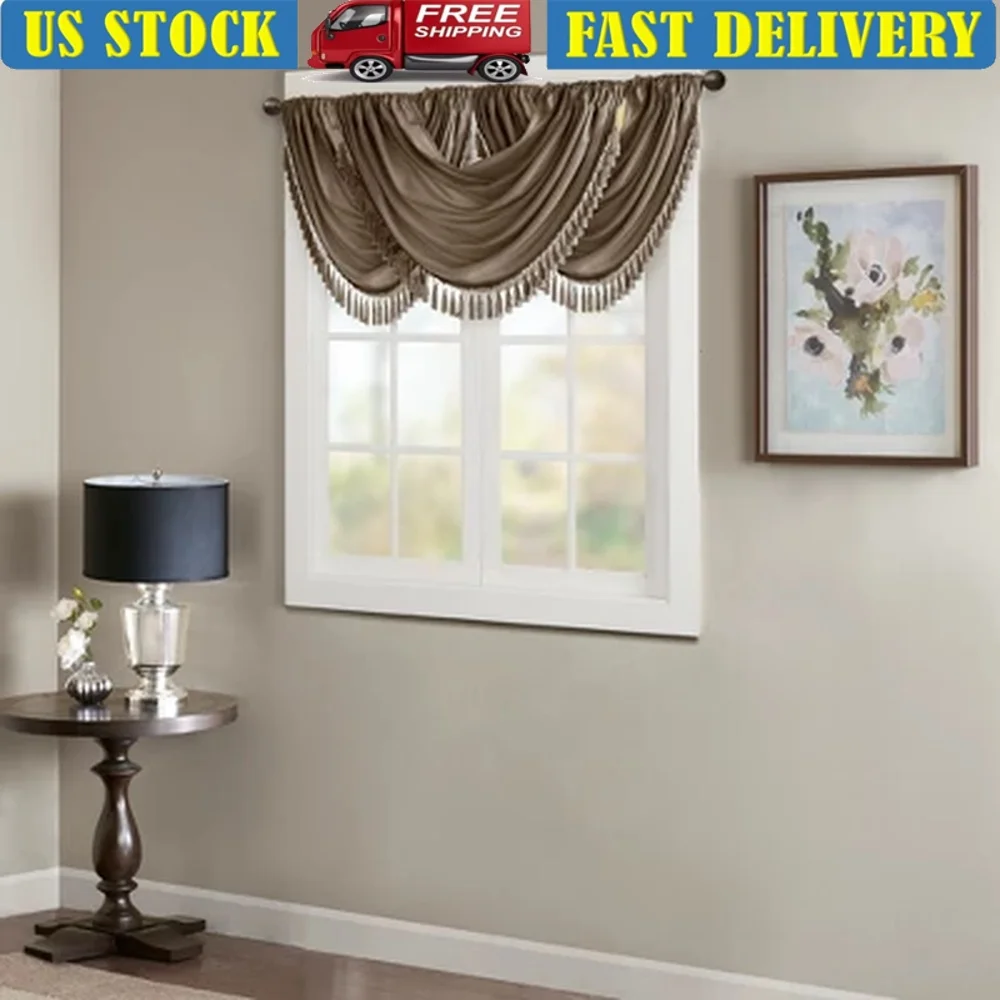 

Faux Silk Waterfall Window Valance with Tassel Trim Rod Pocket Elegant Drapery Small Windows OEKO-TEX Certified Machine Washable