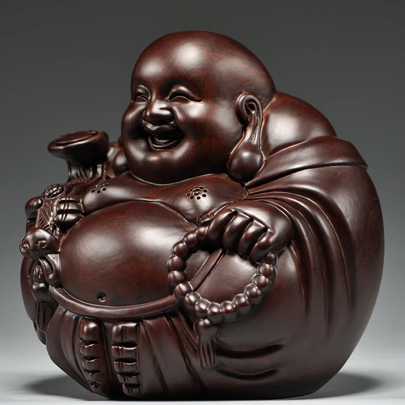 Ebony carved Maitreya Buddha statue sitting of friendly ornaments living room TV cabinet entrance desktop decoration