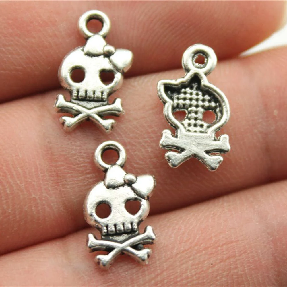 WYSIWYG 40pcs 16x9mm Antique Silver Color Skull Bow Charms Cute Skull Head Charms For Jewelry Making DIY For Bracelet Necklace