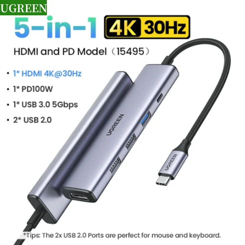 USB-концентратор UGREEN 5 в 1, 4K HDMI, 100 Вт, для MacBook Pro/Air, iPad Pro, iMac, iPhone 15 Pro/Pro Max, XPS