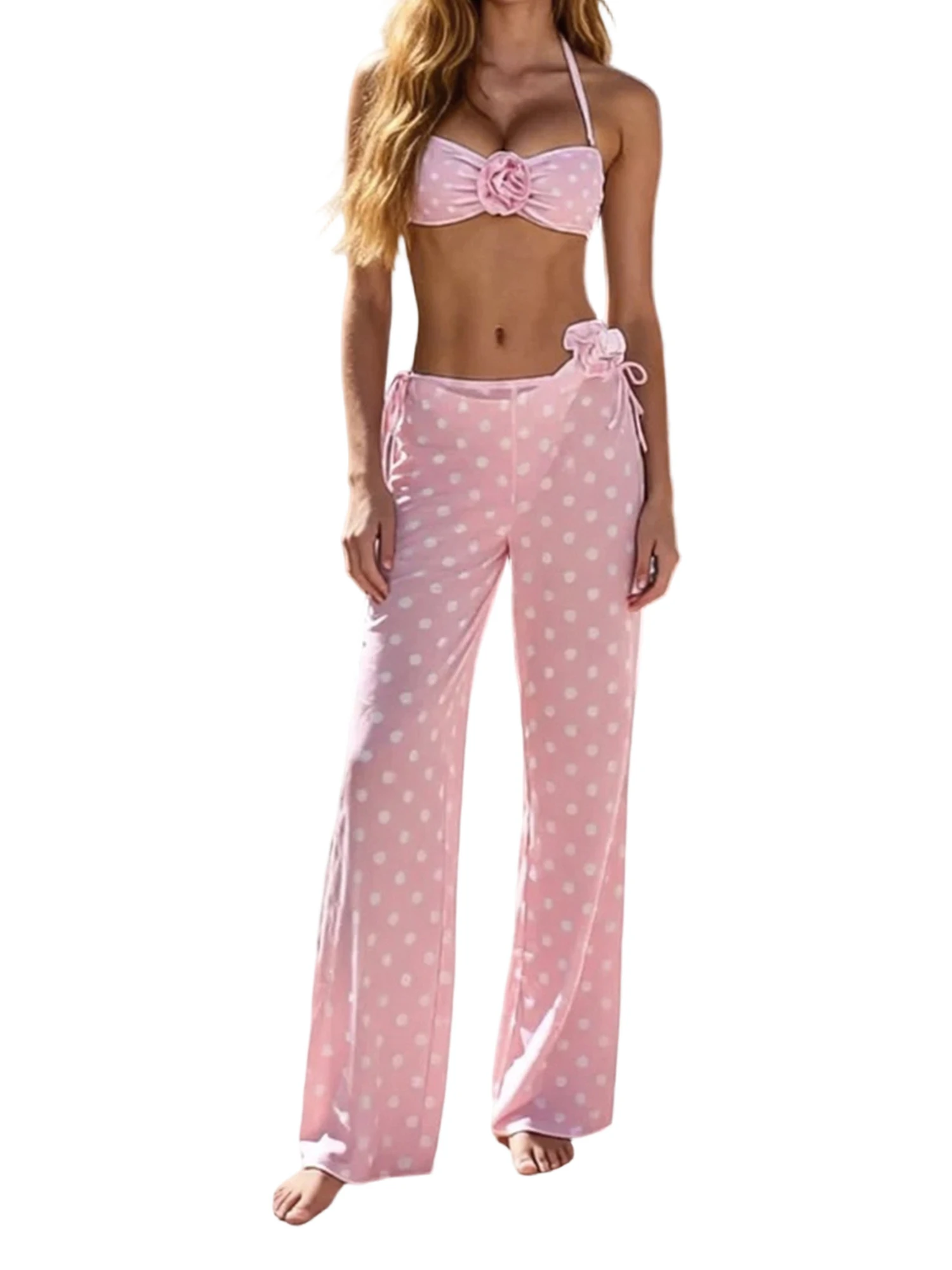 

Женский комплект бикини из 3 предметов: модный купальник с принтом в горошек, бюстгальтер с завязками на шее, треугольные трусики-стринги и брюки-накидка.