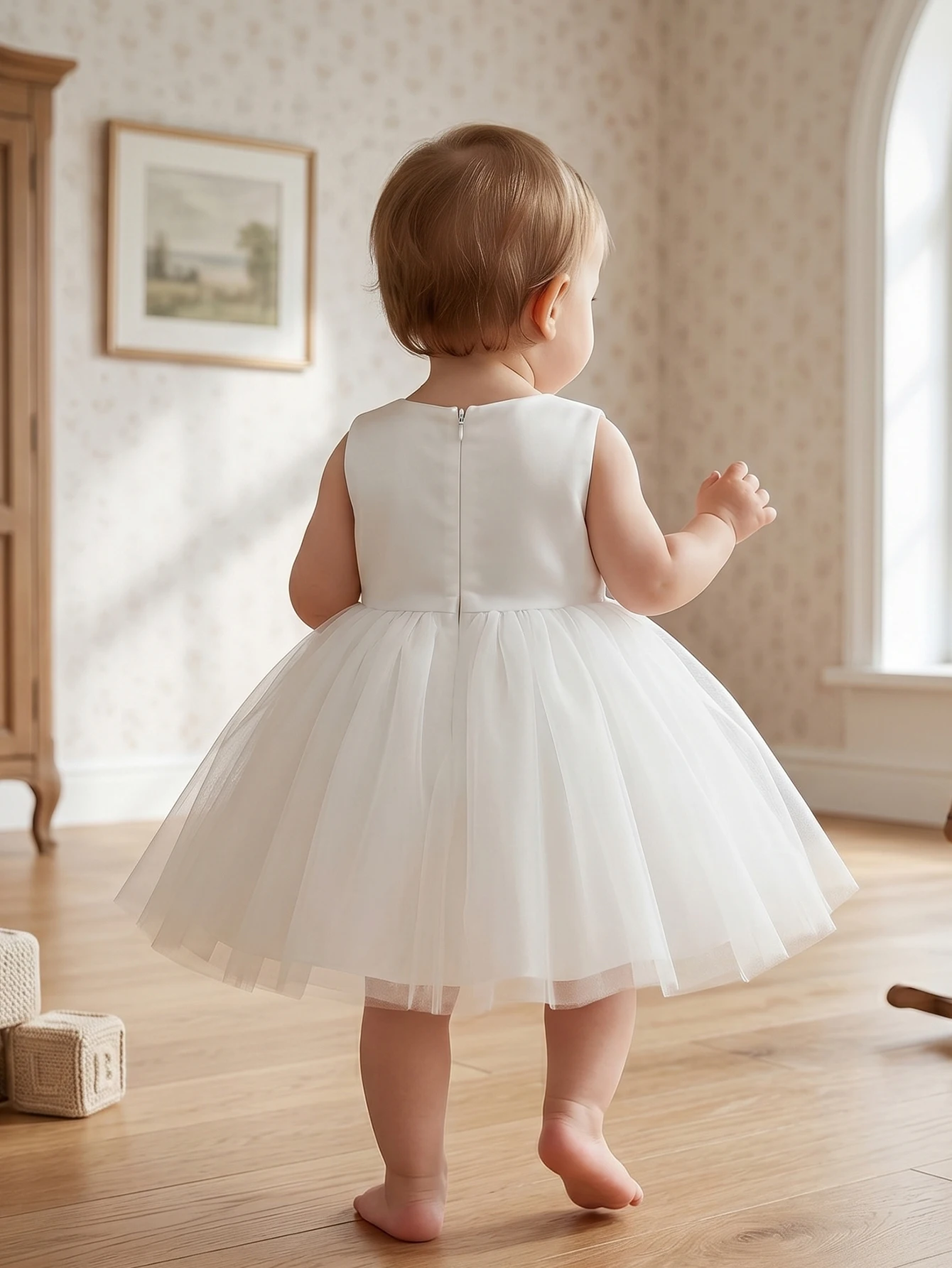 Baby Girls White Sleeveless Tulle Party Dress Satin Bow A Line Princess Gown For Birthday Wedding Baptism Christening Photoshoot