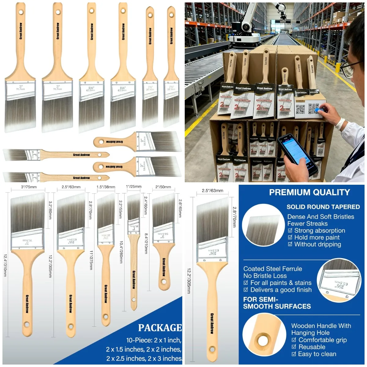 

Great Andrew 10-Pack Paint Brushes with Wood Handle (1'–3'), Angle Sash for Trim, Walls, Latex, Oil, Stains, Interior & Exterior