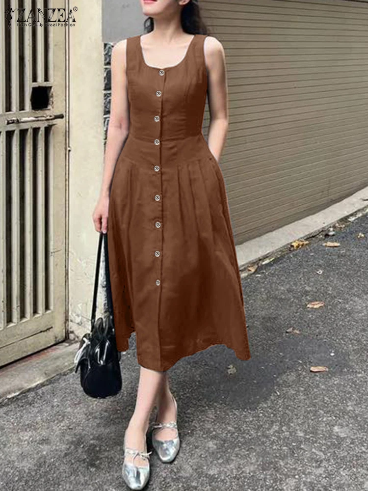ZANZEA 2025 ฤดูร้อนทํางาน Midi ชุดเดรสผู้หญิงแฟชั่น U คอ Sundress วันหยุด Vestidos Casual ปุ่ม Robe