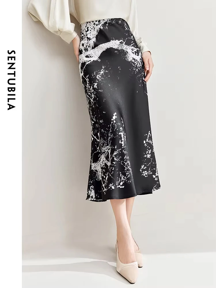 SENTUBILA Print High Waist Slim Hip Skirt Women Fashion Chinese Style Midi Ink Painting Printing Trumpet Skirts Female 133Q50920