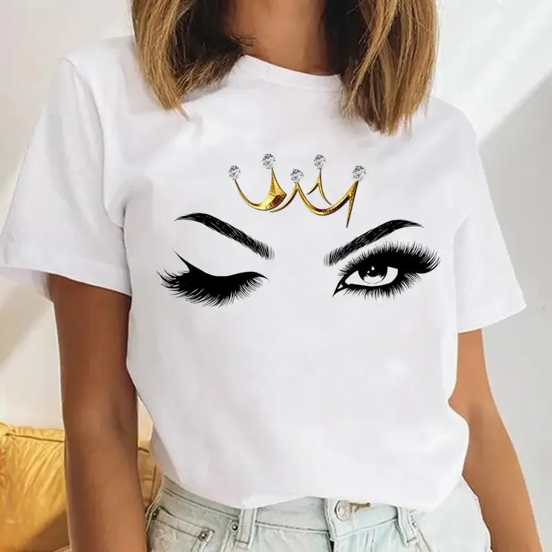 

Women Eyelash Beach Holiday Cute 2024 Female Short Sleeve Cartoon Print Ladies Tees Tshirt Clothes Tops Graphic T-Shirt