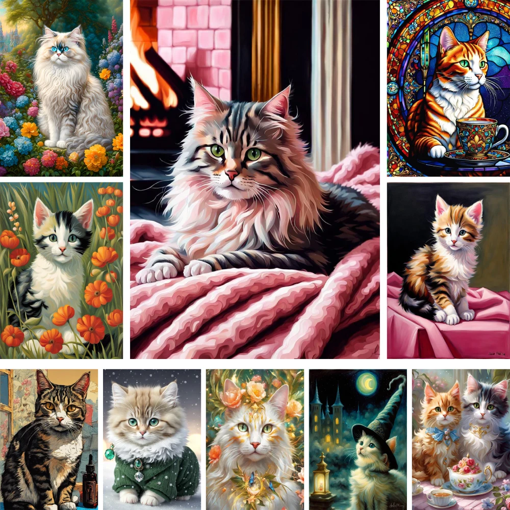 Animal Pet Cat Printed Fabric Cross-Stitch Complete Kit DIY Embroidery Sewing Painting Hobby Handiwork Gift Home Decor Jewelry