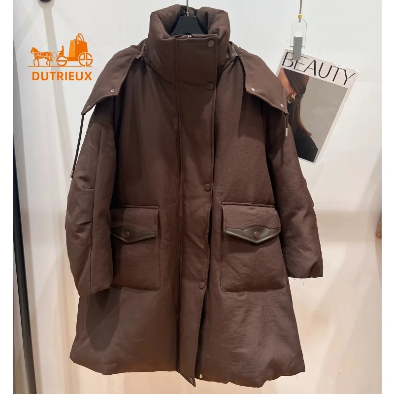 24 New Winter Down Jacket for Women, Medium and Long Stand-up Collar 90 White Goose Down Jacket Pocket Splicing Sheepskin Coat