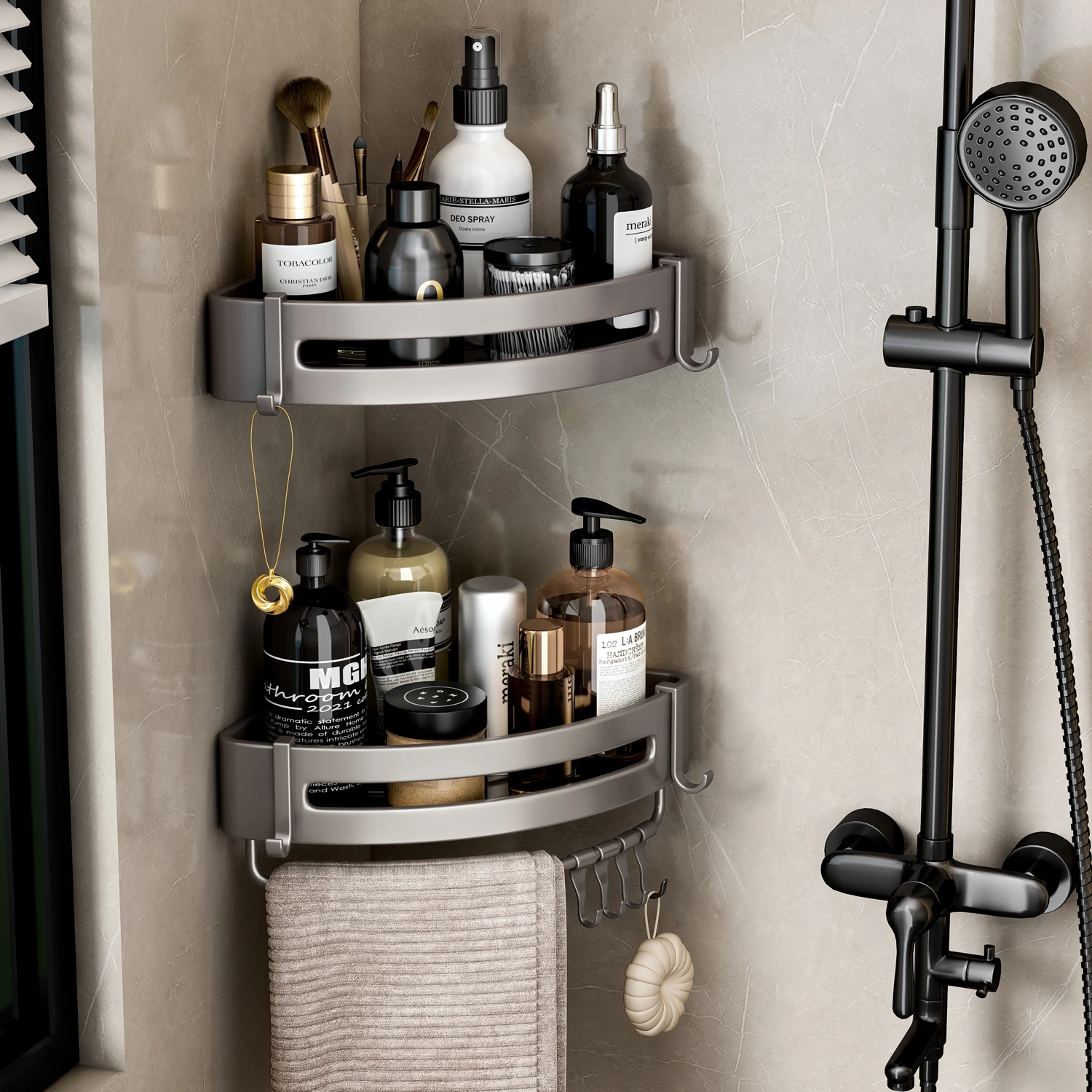 Bathroom Shelf  Shampoo Bottle Shower Corner Rack No Drill Wall Mounted Toilet Storage Aluminum Kitchen Accessories