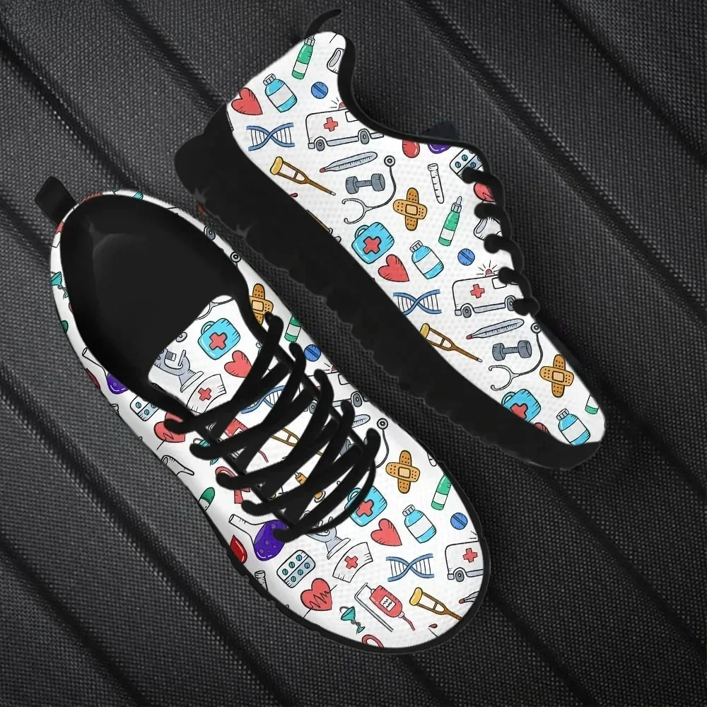 

Spring Autumn Comfort Lace Up Flat Shoes For Women Cartoon Medical Tools Pattern Mesh Sneakers Light Footwear