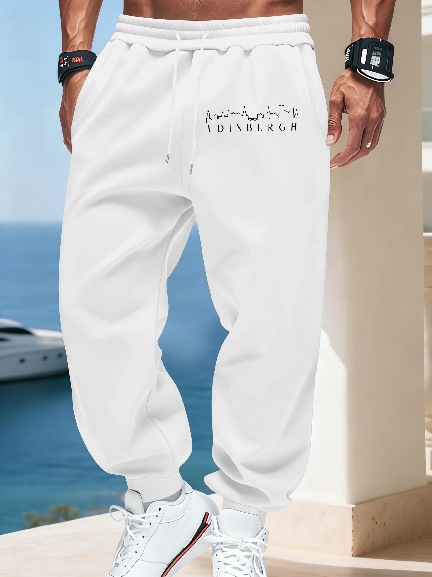 

Edinburgh Letter Print Drawstring Casual Pant Men Pocket Fleece Trousers Trendy Elastic Waist Sportpants Street Autumn Britches