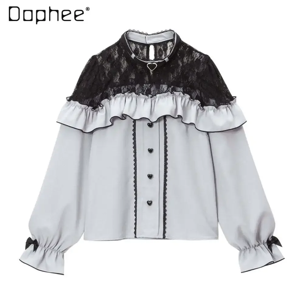 Chemisier à coutures en dentelle douce Lolita pour dames, chemise semi-transparente, haut à nœud papillon, manches longues, style japonais Kawaii, automne, nouveau, 2023