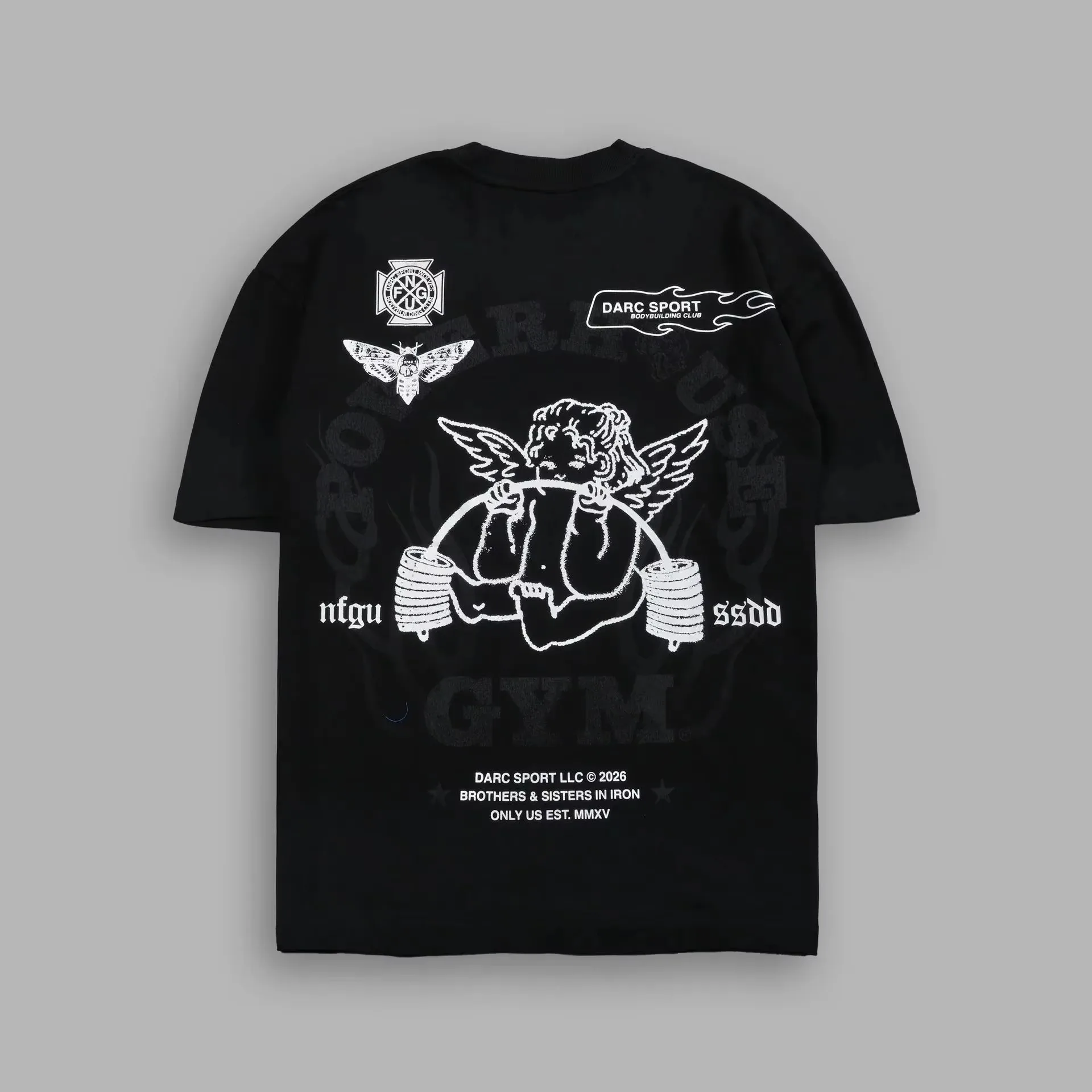 2026 Men Gym Angel Graphic T Shirt Back Print Crew Neck Short Sleeve Tees Black Oversized Streetwear Cotton Tops