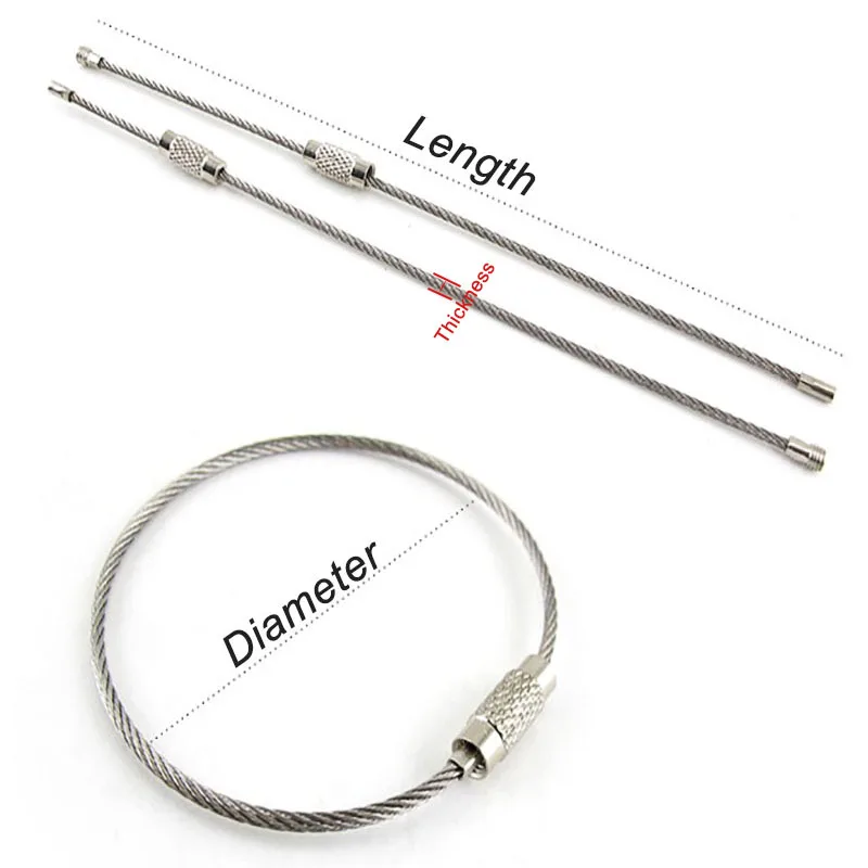 Stainless Steel Wire Rope Ring Wire Dia 1.5mm 2mm Keychain Cable Key Ring Tag Pendant with Lock Buckle Length 110~250mm