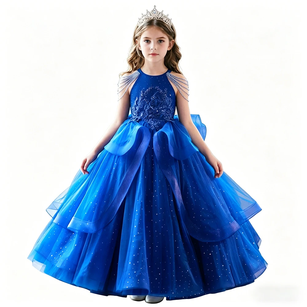 Luxury Royal Blue Sparkly Tulle Model Show And Pageant Dress For Girls Princess Layered Evening Party And Birthday Ball Gown