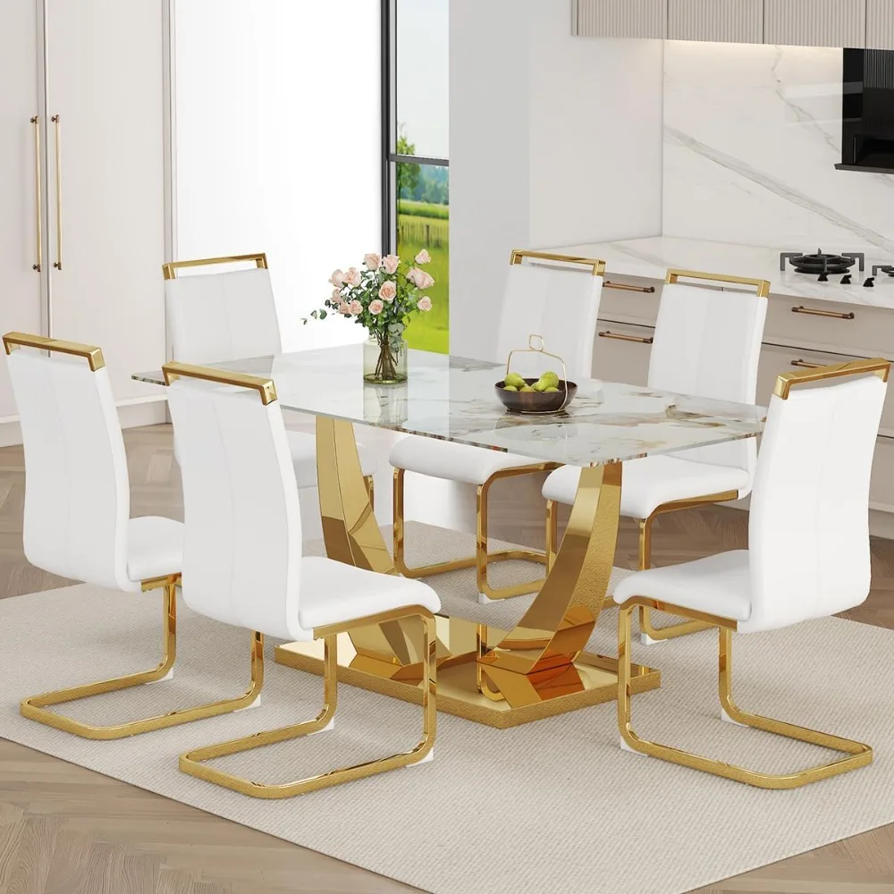 

Faux Marble Dining Table Set for 6,Gold Rectangular Dining Room Table and 6 White PU Leather Chairs 71” Tempered Glass Table Set