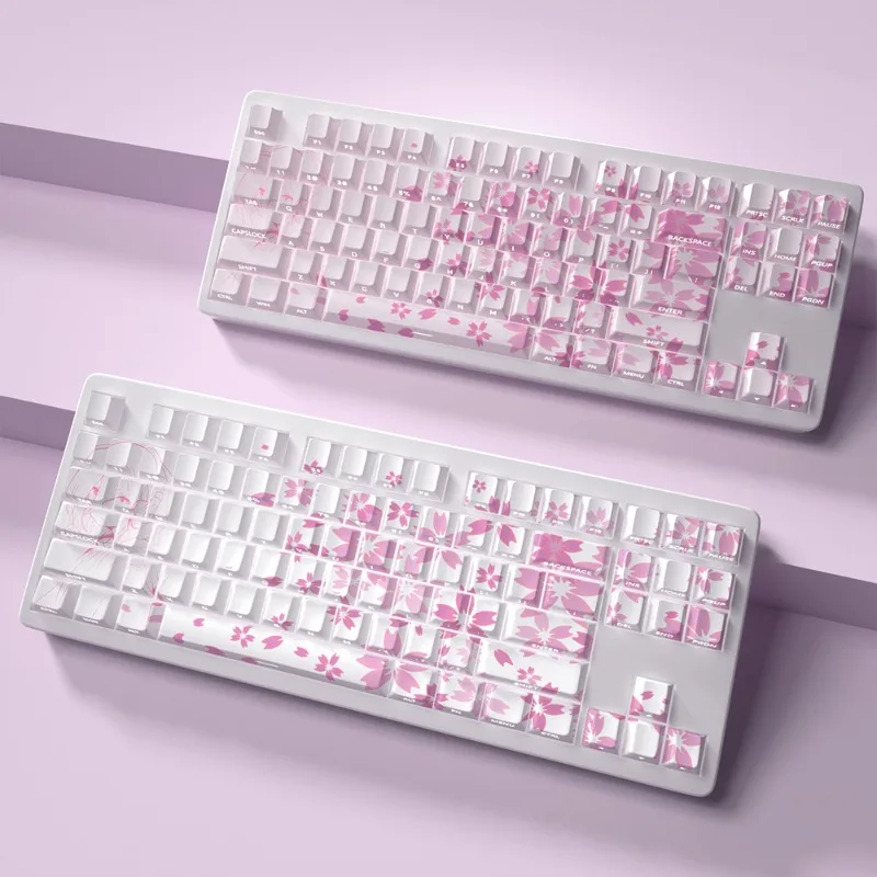 Sakura Themed Pink Keycap with Side Engraved Translucent PBT Sublimation Keycap for Mechanical Keyboard Cherry Profile Keycap
