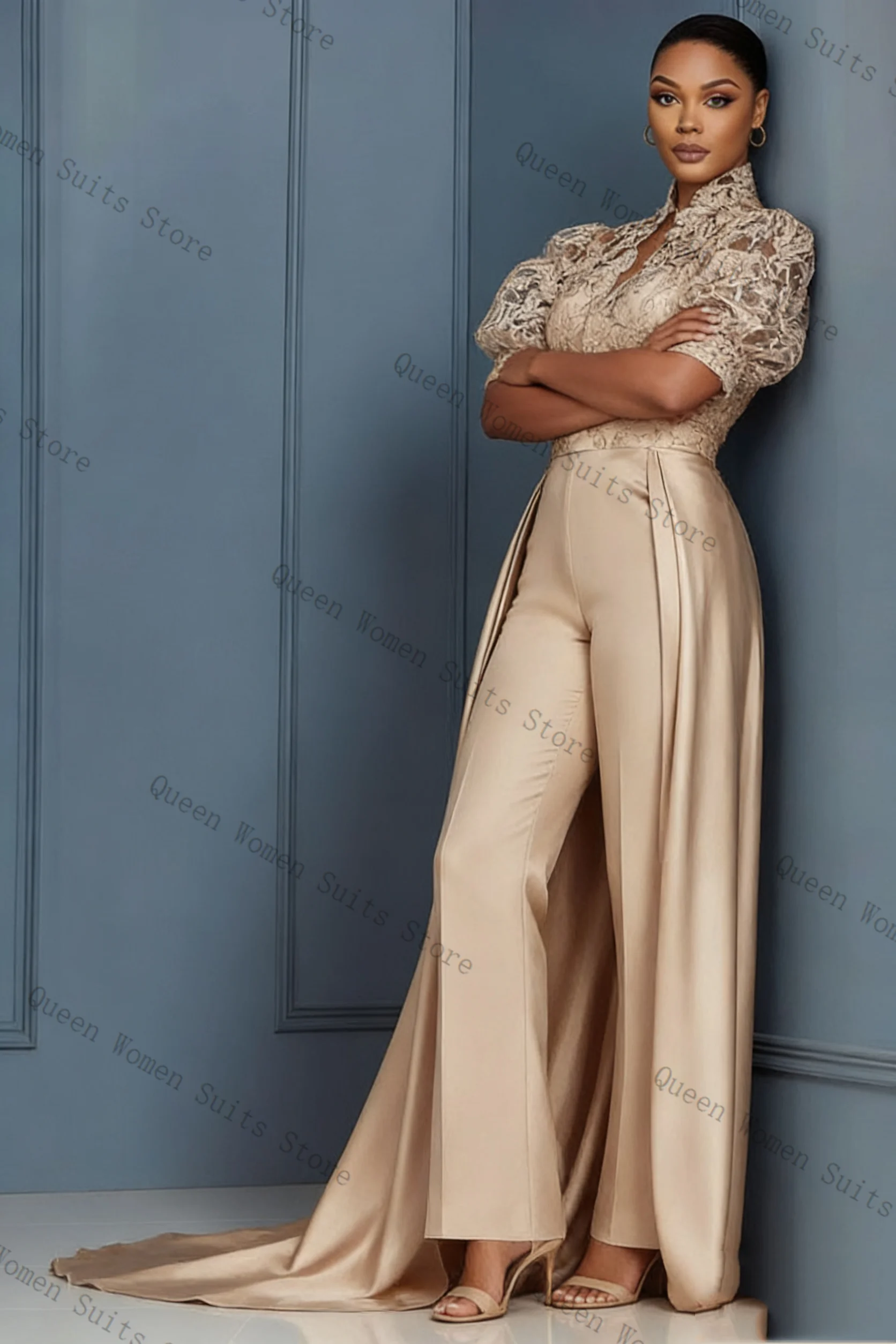 

Champagne Women Suit Set 2 Pcs Long Train Blazer Pants Spring Lace Outfit Prom Formal Office Lady Jacket Wedding Coat Customized