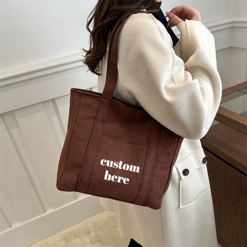 Custom Print Logo Solid Color Suede Tote Bag Autumn and Winter Large Capacity Casual Work Handbag Simple Shoulder Bags for Women