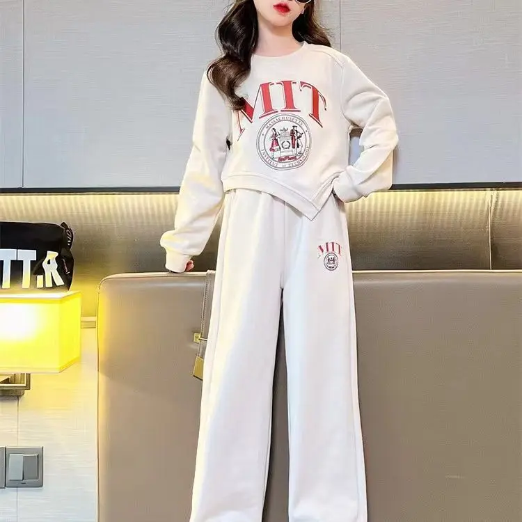 Girl Spring Casual Sets Kids Letter Prints Suit Children Fashion Irregular Tops+Sports Pants 2Pcs Teens Autumn Trends Clothes