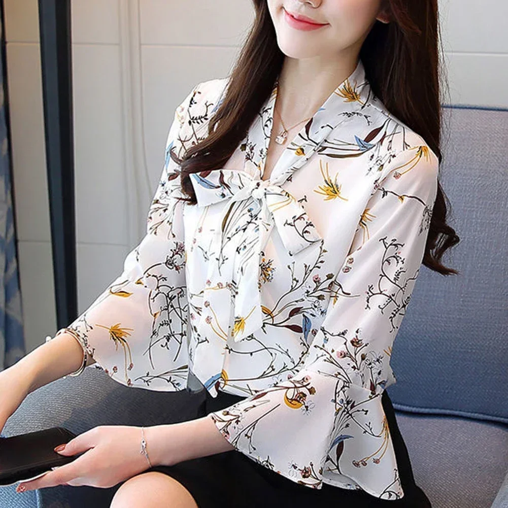 Legant Chiffon Blouse Women Office Long Sleeve Printing Women\'s Shirt With Bow Loose V Neck Floral Clothing Tops