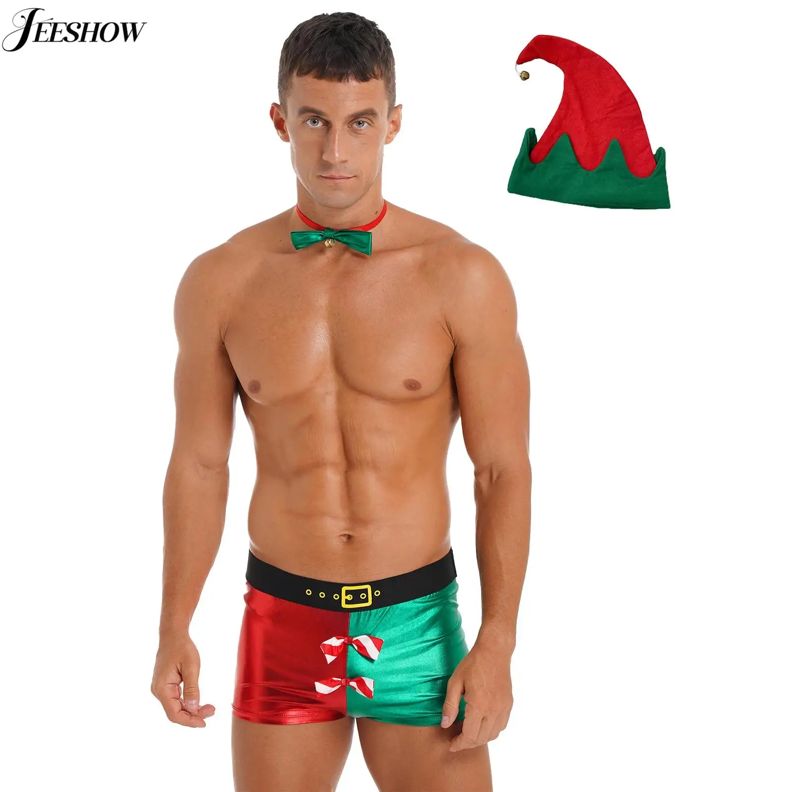 Mens Christmas Elf เครื่องแต่งกายชุดชั้นในชุดเงาสีเมทัลลิคบล็อกกางเกงบ็อกเซอร์พร้อม Bow Tie และหมวก Santa Helper ชุด