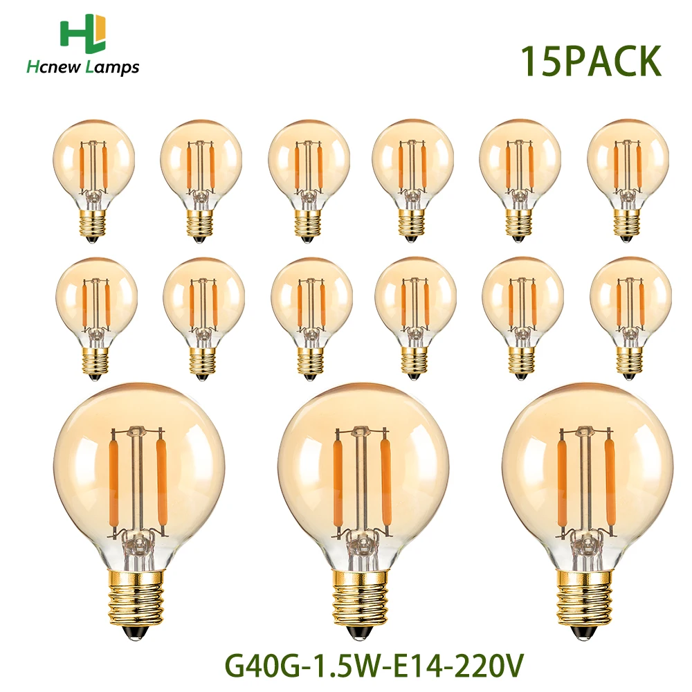 15PCS Dimmable G40G Amber Glass Vintage Led Bulbs Warm White 2700K E14 EU 220V 1.5W Vintage Indoor outdoor Light Filament Bulbs