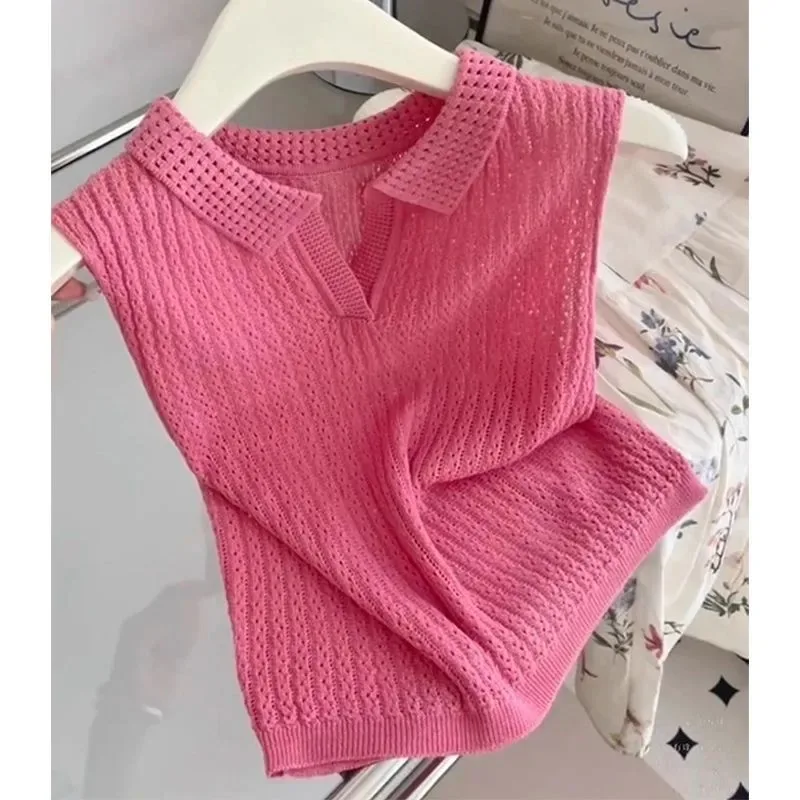 Women Clothing Summer Casual Korean Fashion Solid Color V-neck Female Sleeveless Ice Shreds All-match Fashionable Slim Cardigan