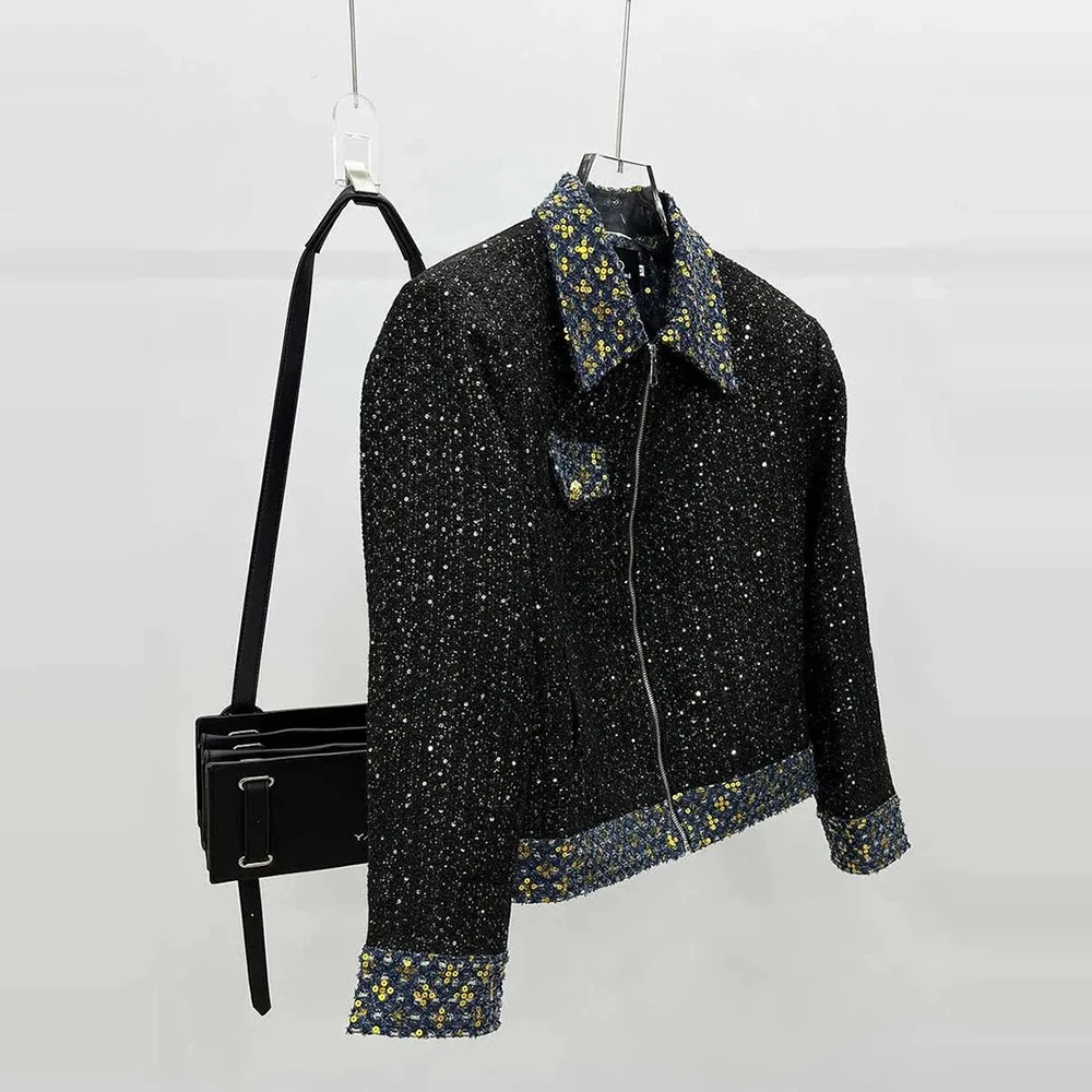 Mens Spring Jacket Faux Pockets Sequins Niche Short Denim Jacket Streetwear Fashion Nightclub Stage Performance Top Men'S Wear