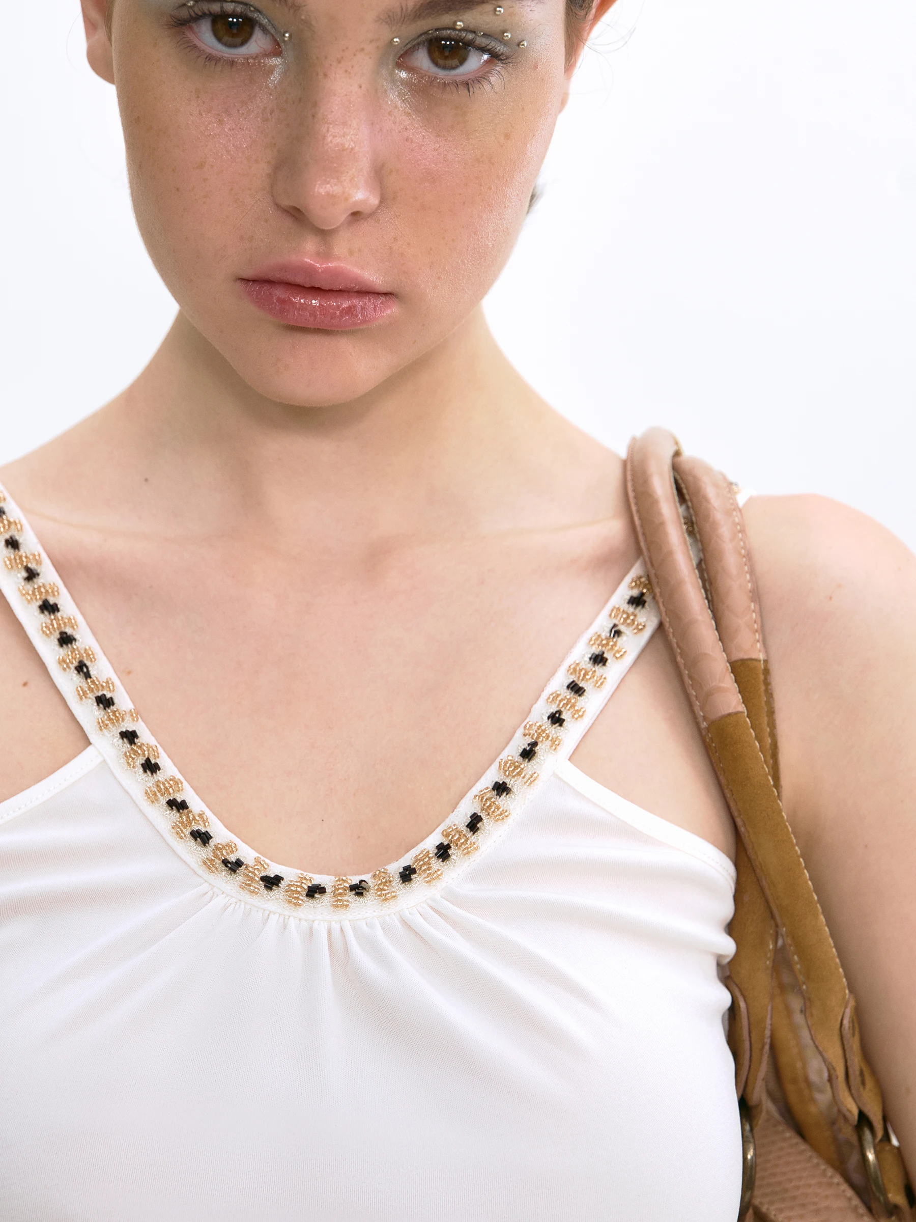 VERMO Vintage Nostalgic Beaded Cool Triacetate Knitted Strap Vest Top Women's Outerwear Summer Season Regular Length