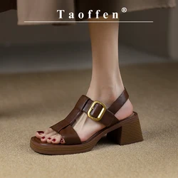 Brand Genuine Cow Leather Sandals Block Mid Heels Women Roma Sandals Open Toe Retro Buckle Sandals Ankle Strap 2023 Trend