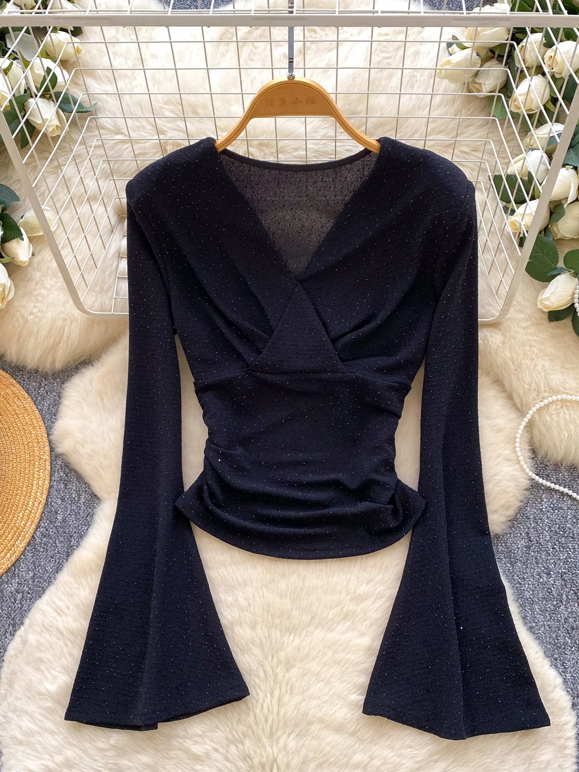 Ele Cross V-ne Bell Sve Plisado Slim Fit Mujer irt Commute Sle Adelgazante Versátil Largo Sve Fibra de poliéster