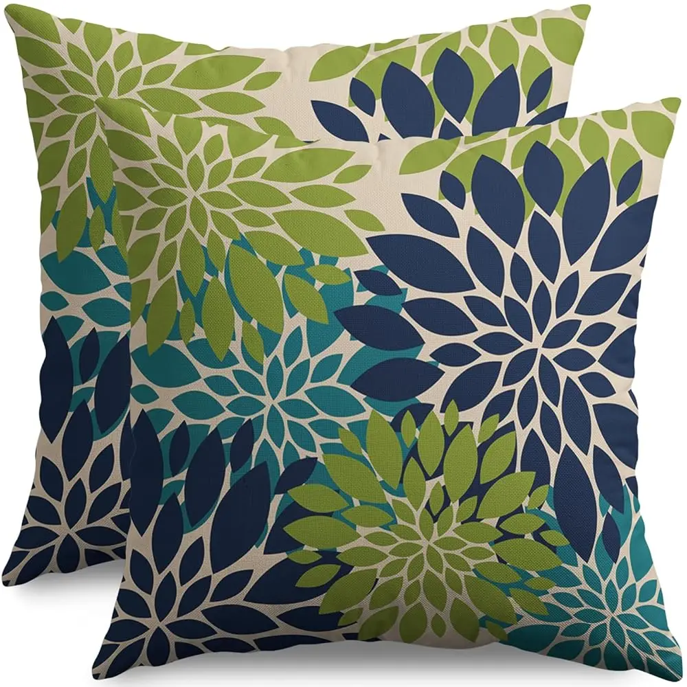 

Navy Blue Green Teal Pillow Covers 24X24 H Set Of 2, Modern Dahlia Floral Print Decorative Throw Pillow Covers Outdoor