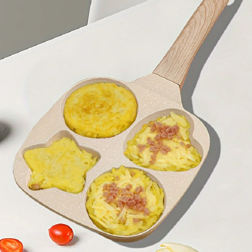 4 حفرة مقلاة غير لاصقة الإفطار برغر البيض فطيرة صانع مقبض خشبي الحجر الطبي أربعة حفرة عجة عموم #2