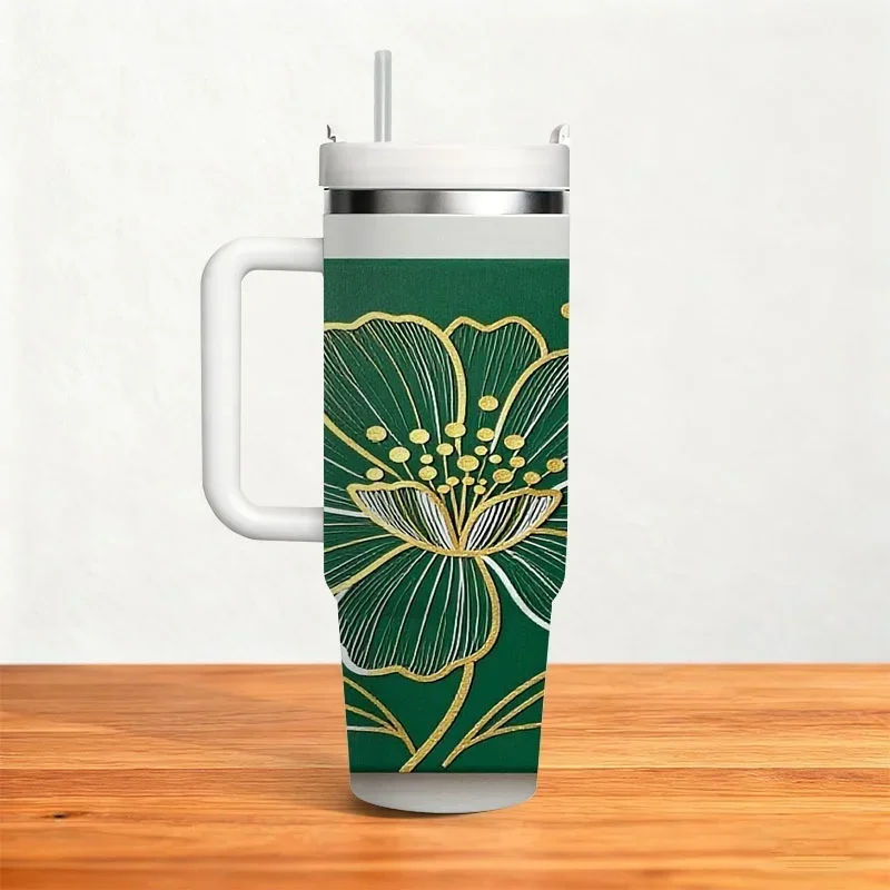Stylized Golden And White Floral Print 40Oz Stainless Steel Insulated Tumbler, Dark Green Background Digital Printed Drink Cup, Reusable Thermal Water Bottle for Daily Outdoor Commute And Office Use