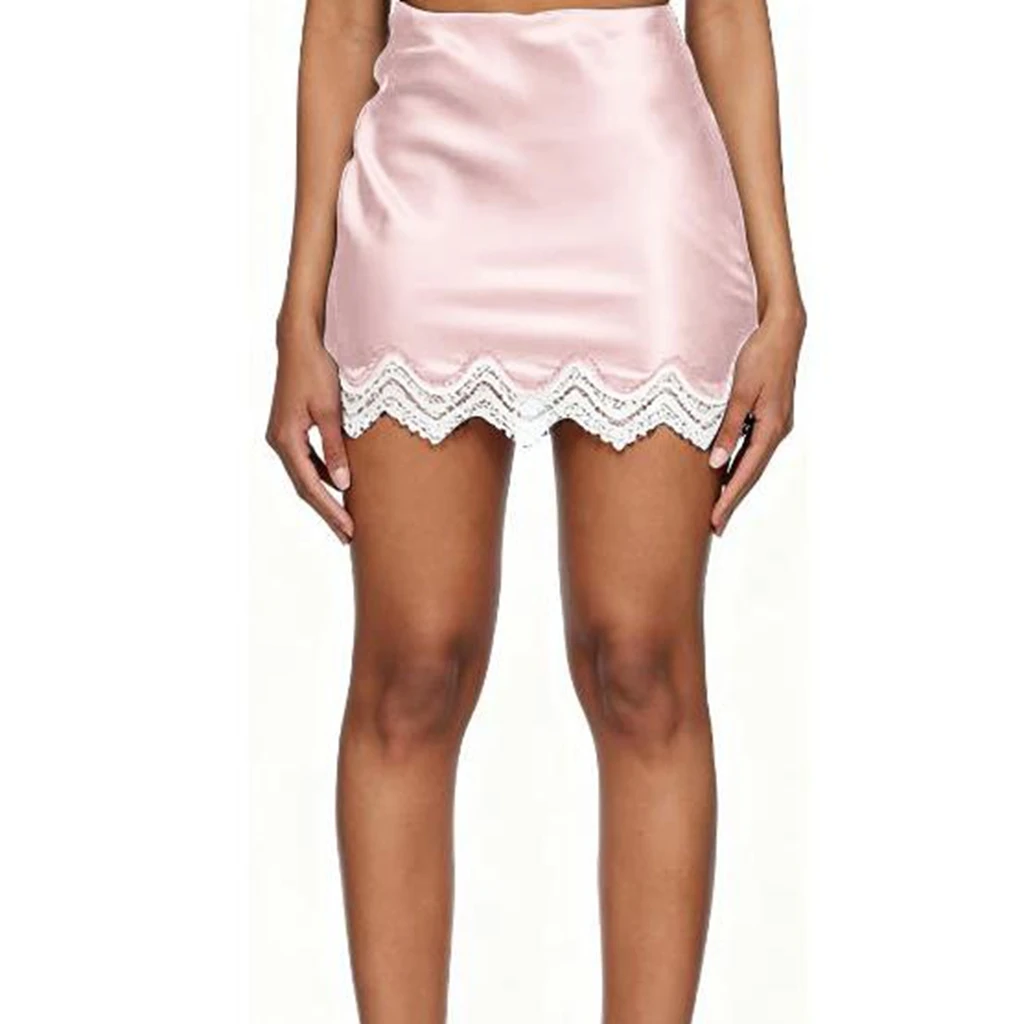 Black Satin High-Waisted Mini Skirt for Women with Scalloped Lace Hem Summer Fashion Short Skirts
