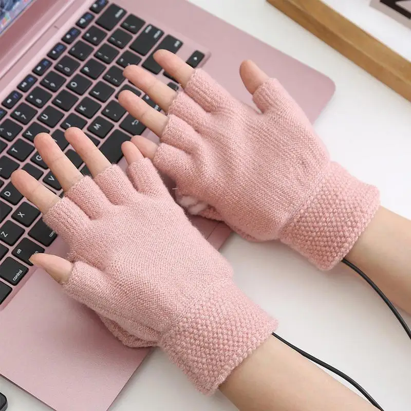 USB Heated Gloves Heating Men Women Fingerless Winter Gloves Knitting Typing Gloves Heated Work Gloves For Ski Snowboarding