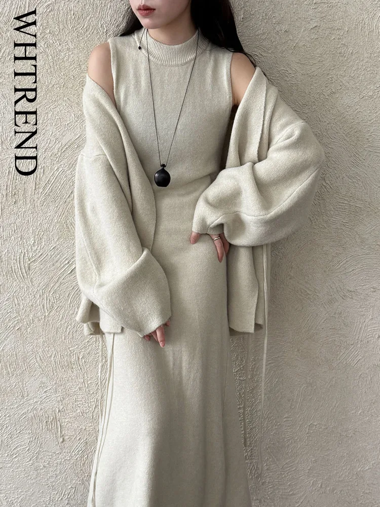 WHTREND estilo francés elegante vestido largo de punto sin mangas + cárdigan medio de estilo elegante conjunto de dos piezas para mujer WH1871