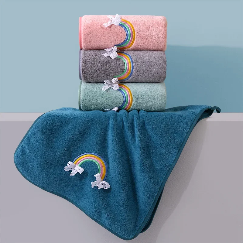 Fast drying coral velvet towel, rainbow embroidery hand towel, thick baby shower bath towel, Christmas gift items view 6