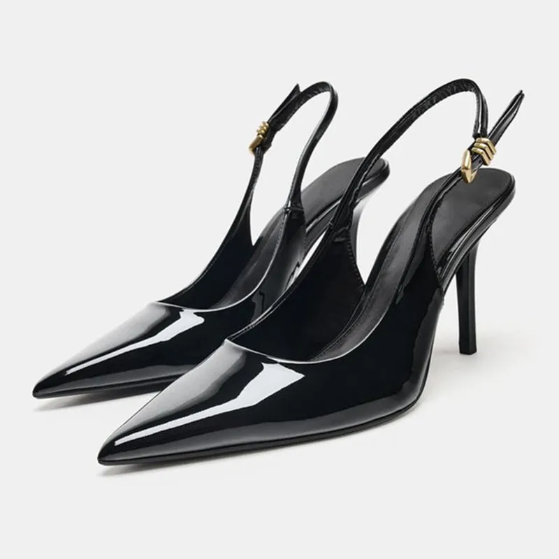 

Luxury Patent Leather Metal Buckle Slingbacks Women Pumps Sexy Pointed Toe High Heels for Ladies Elegant Banquet Office Shoes