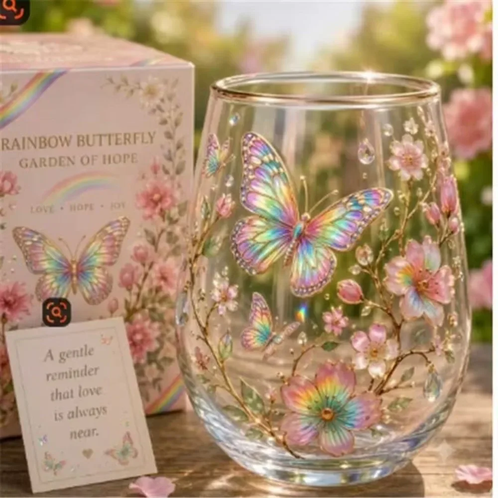 Transparent Hummingbird Joy Tea Cup Pastoral Style Gold Rimmed Garden Glass Tea Cup Large Capacity Enamel Floral Bird Design