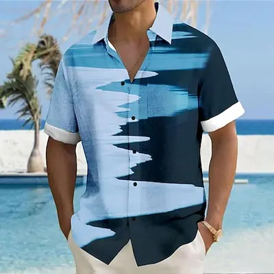 Men's shirt summer fashion Hawaiian leisure ink splash wave print street personality handsome men's lapel top fashion new style