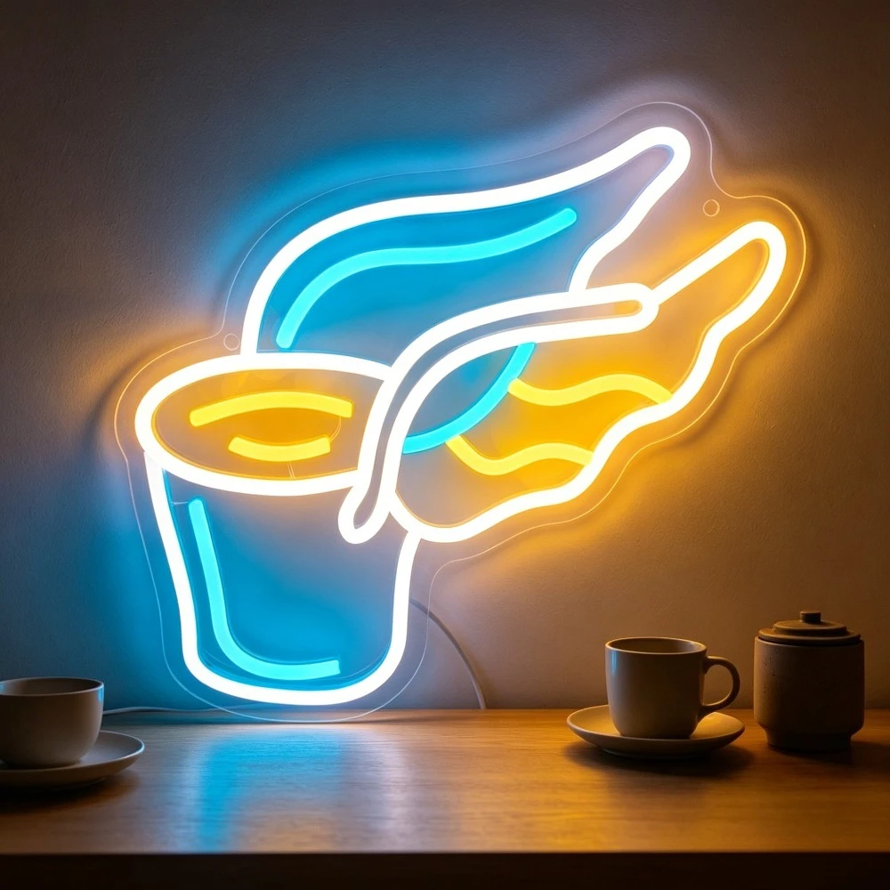 

Neon Coffee Cup Sign LED Wall Art with Wings for Cafe Bar Home Decor Modern Aesthetic Night Light USB Powered Easy Install Gift
