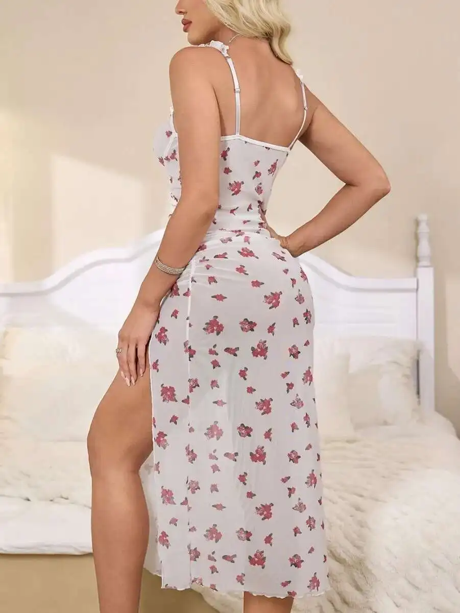 Robe dos nu à bretelles en V profond, sans manches, demi-transparente, imprimé floral, Style désir pur, robe élégante et charmante, 5AAU